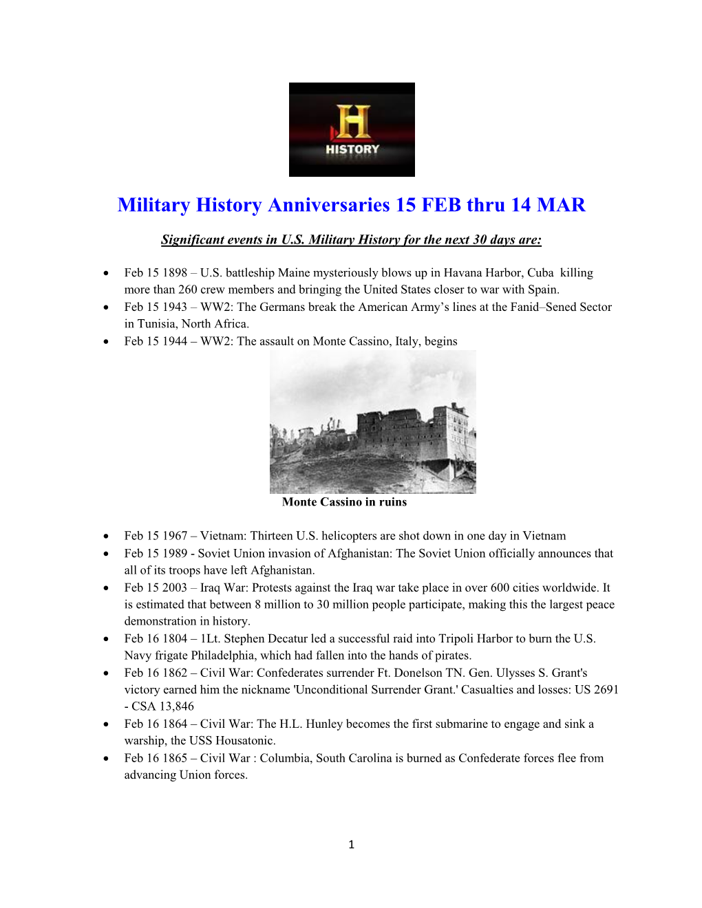 Military History Anniversaries 0215 Thru 0314