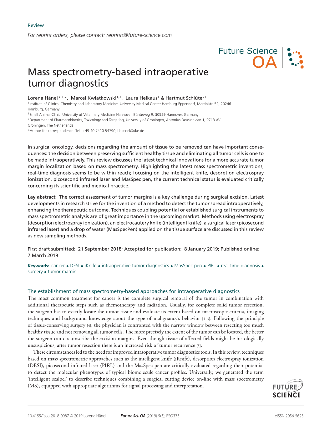 Mass Spectrometry-Based Intraoperative Tumor Diagnostics