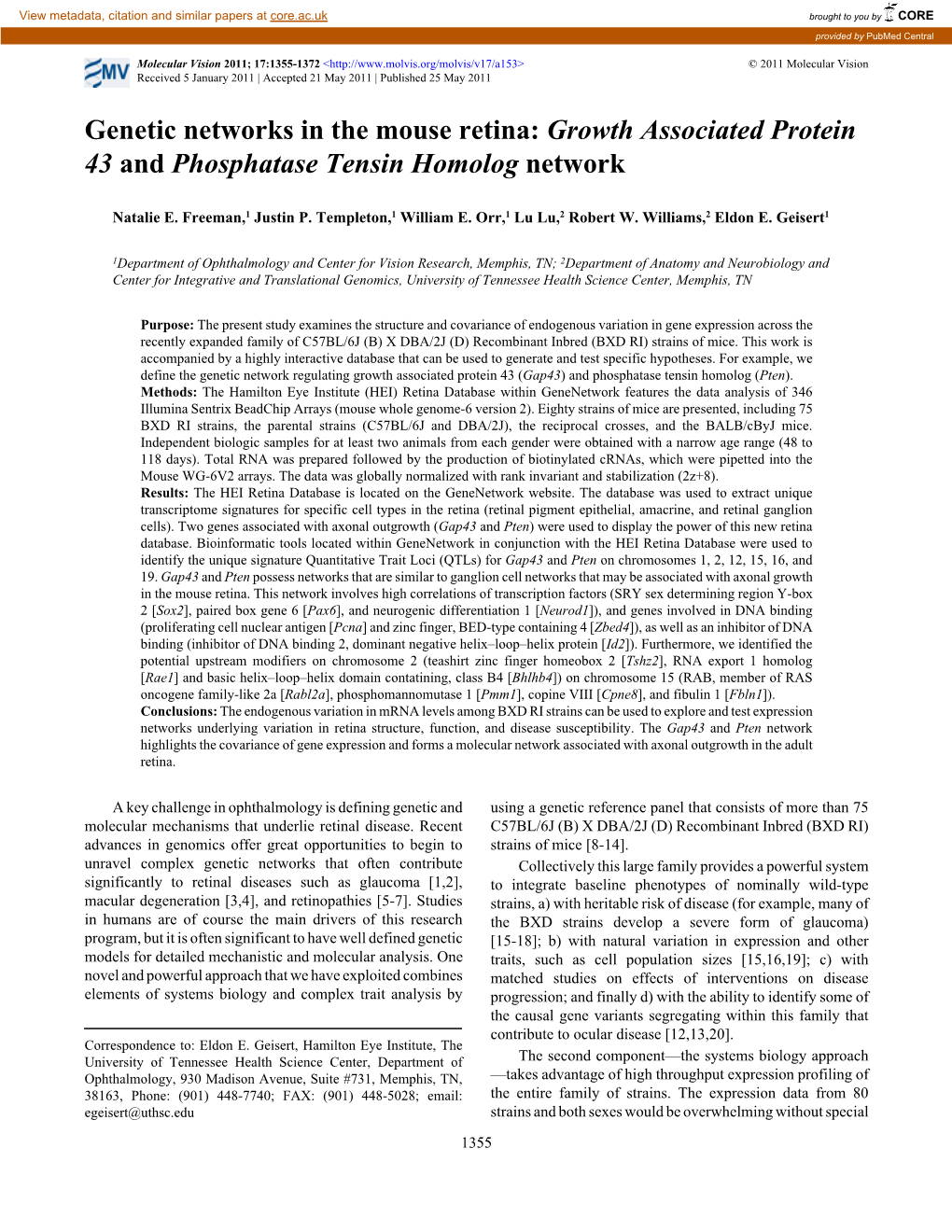 Genetic Networks in the Mouse Retina: Growth Associated Protein 43 and Phosphatase Tensin Homolog Network