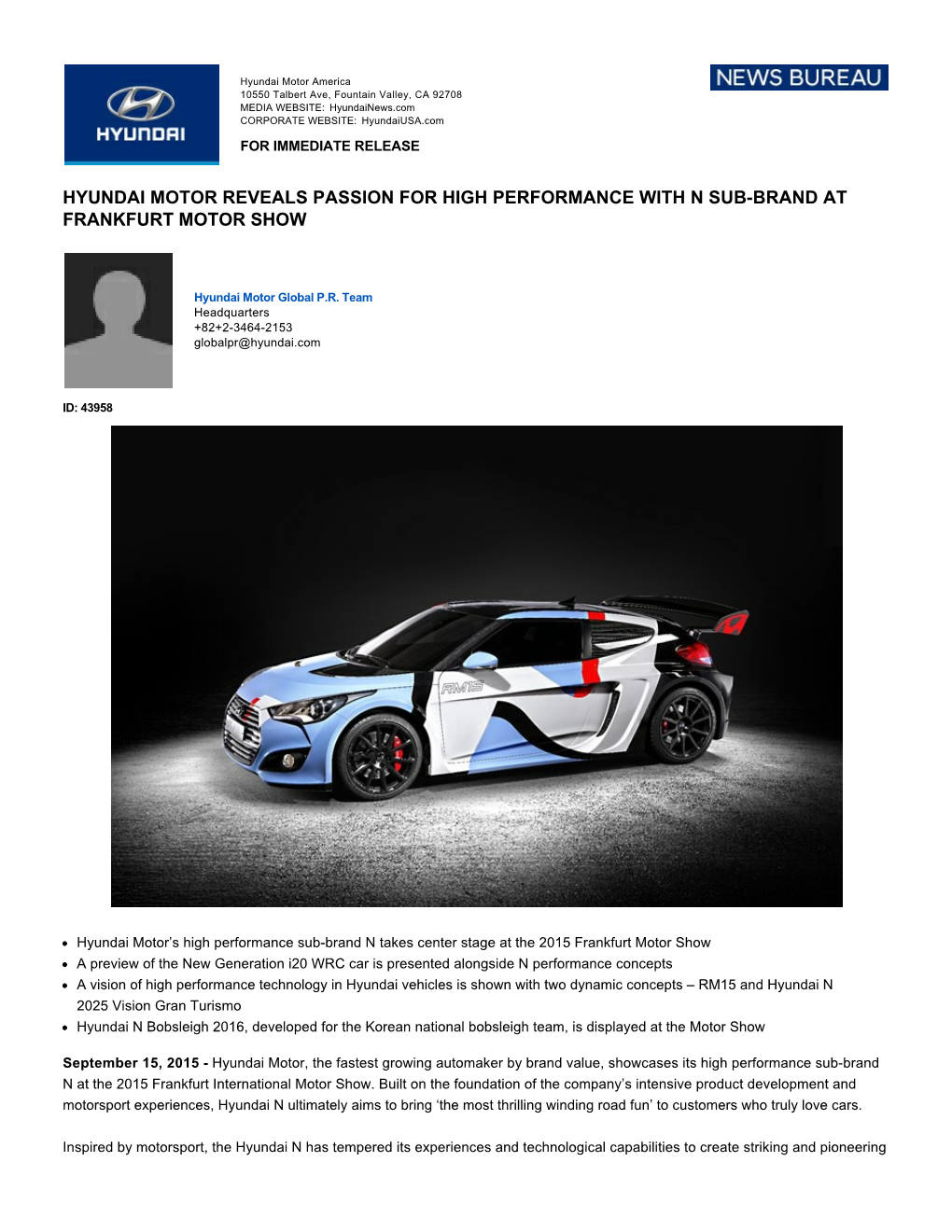 Hyundai Motor Reveals Passion for High Performance with N Sub­Brand at Frankfurt Motor Show