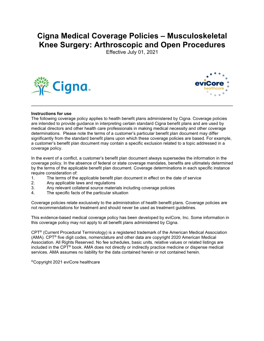 Knee Surgery: Arthroscopic and Open Procedures Effective July 01, 2021