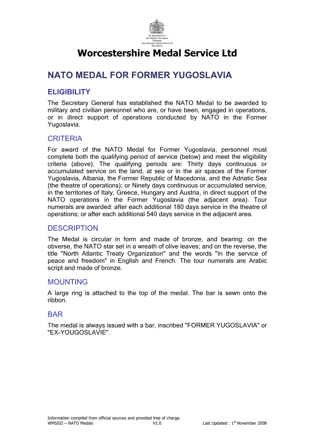 Nato Medal for Former Yugoslavia