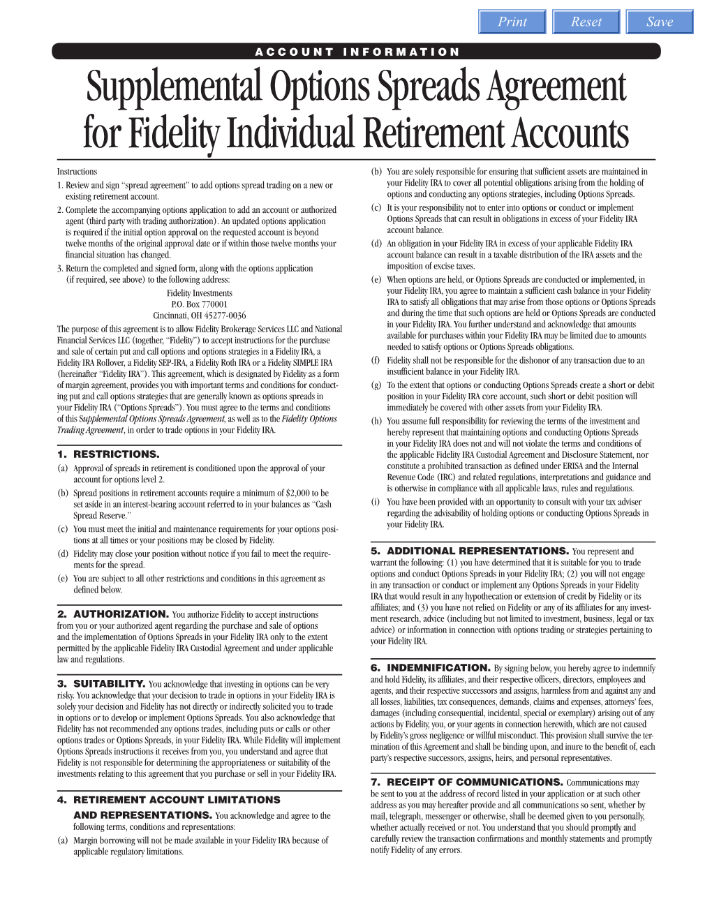 Supplemental Options Spreads Agreement for Fidelity Individual