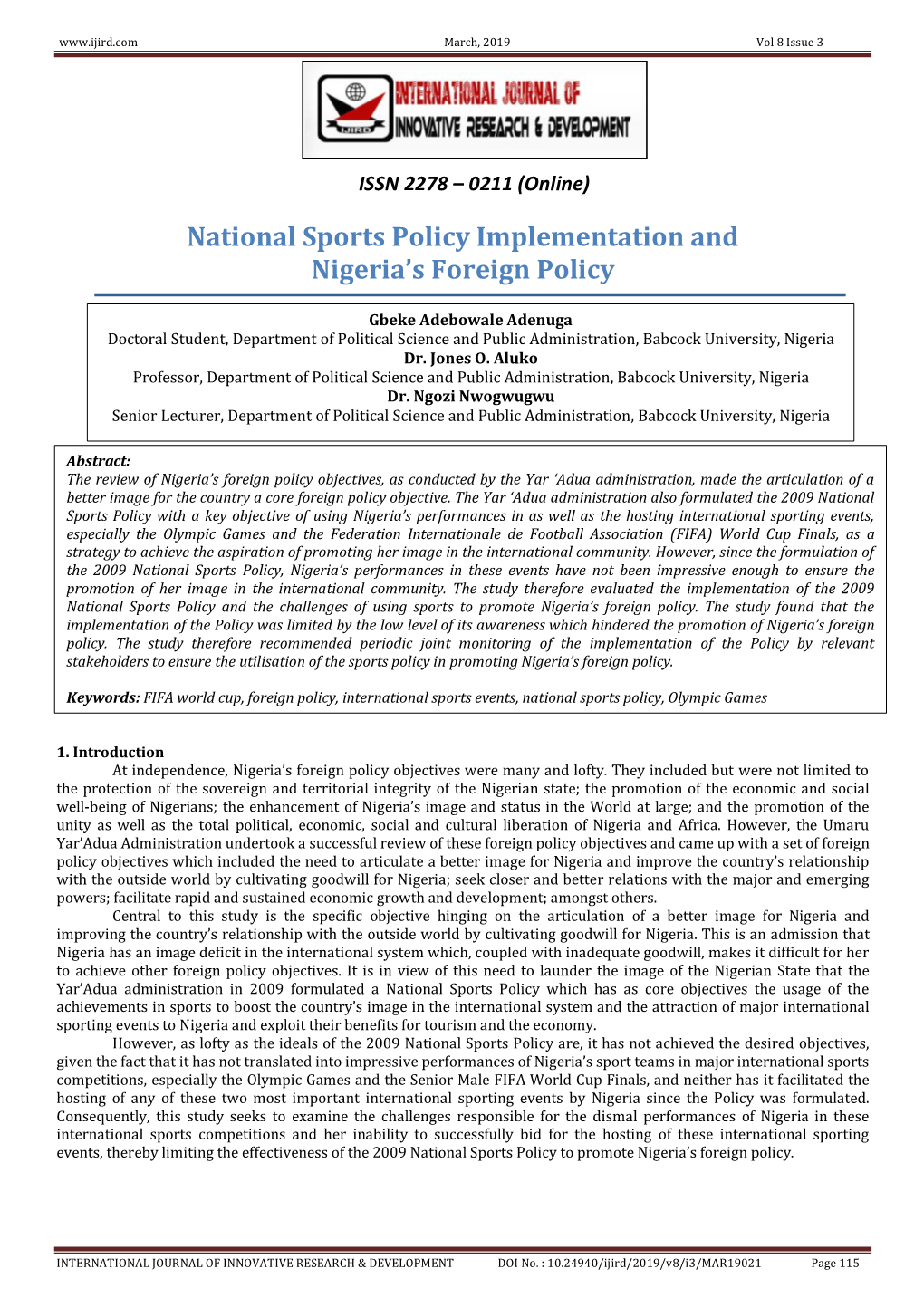 National Sports Policy Implementation and Nigeria's Foreign Policy