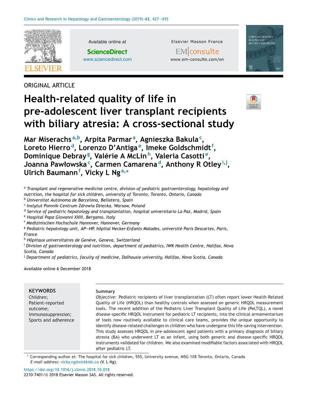Health-Related Quality of Life in Pre-Adolescent Liver Transplant Recipients with Biliary Atresia: a Cross-Sectional Study 429