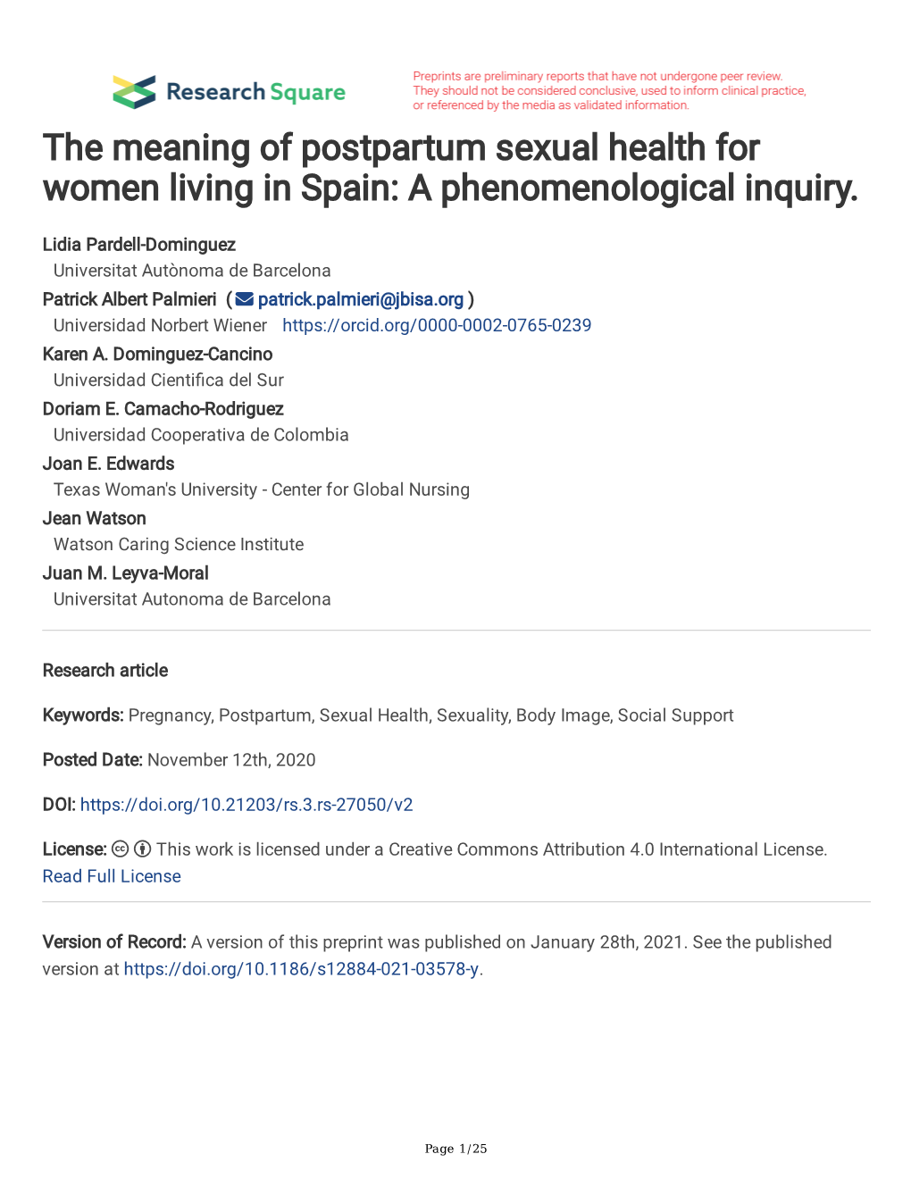The Meaning of Postpartum Sexual Health for Women Living in Spain: a Phenomenological Inquiry
