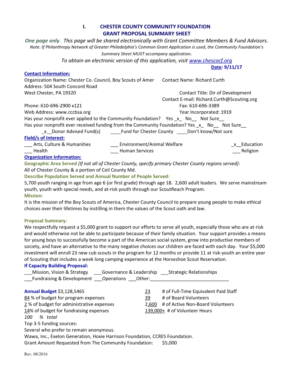 I. CHESTER COUNTY COMMUNITY FOUNDATION GRANT PROPOSAL SUMMARY SHEET One Page Only