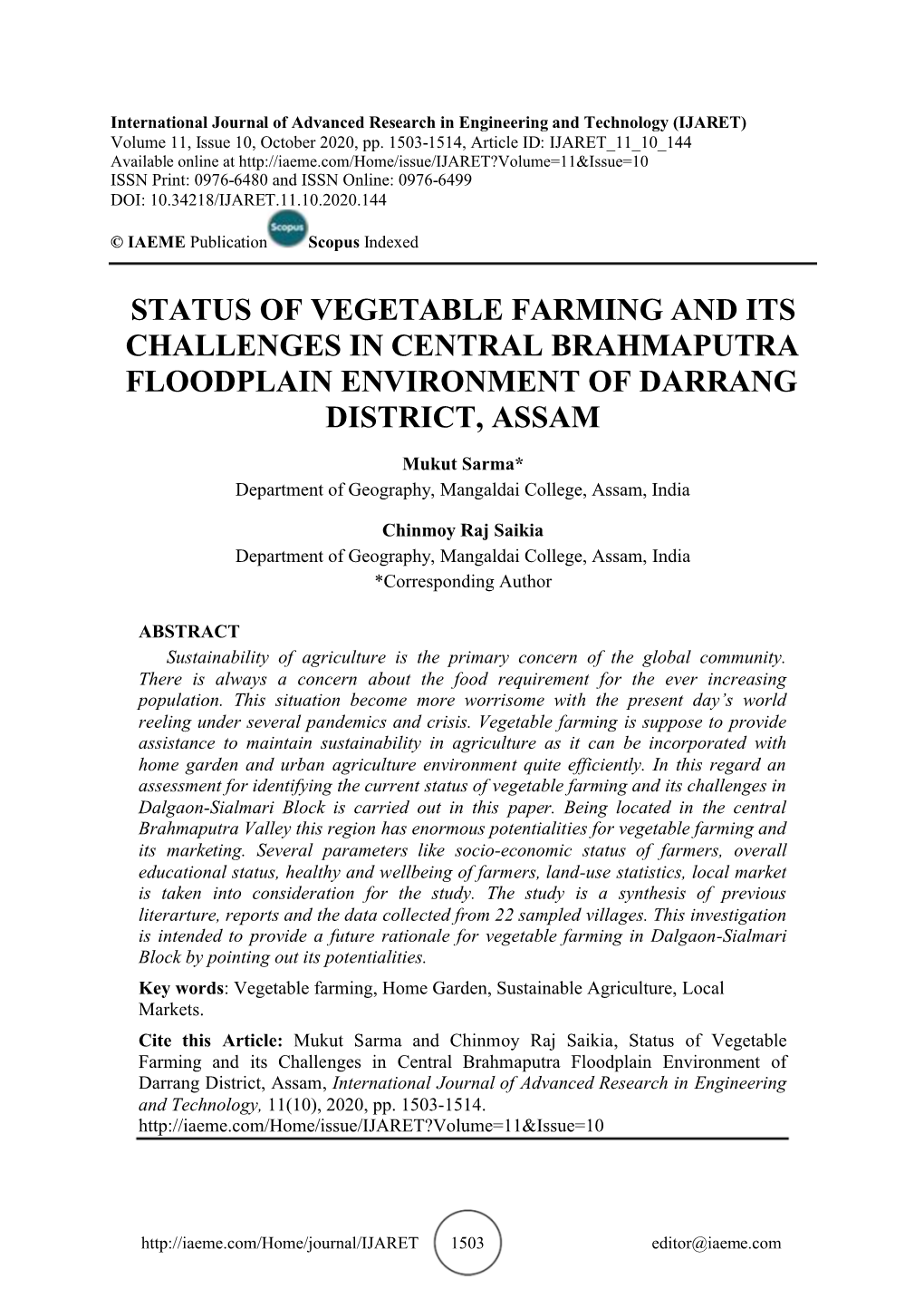 Status of Vegetable Farming and Its Challenges in Central Brahmaputra Floodplain Environment of Darrang District, Assam