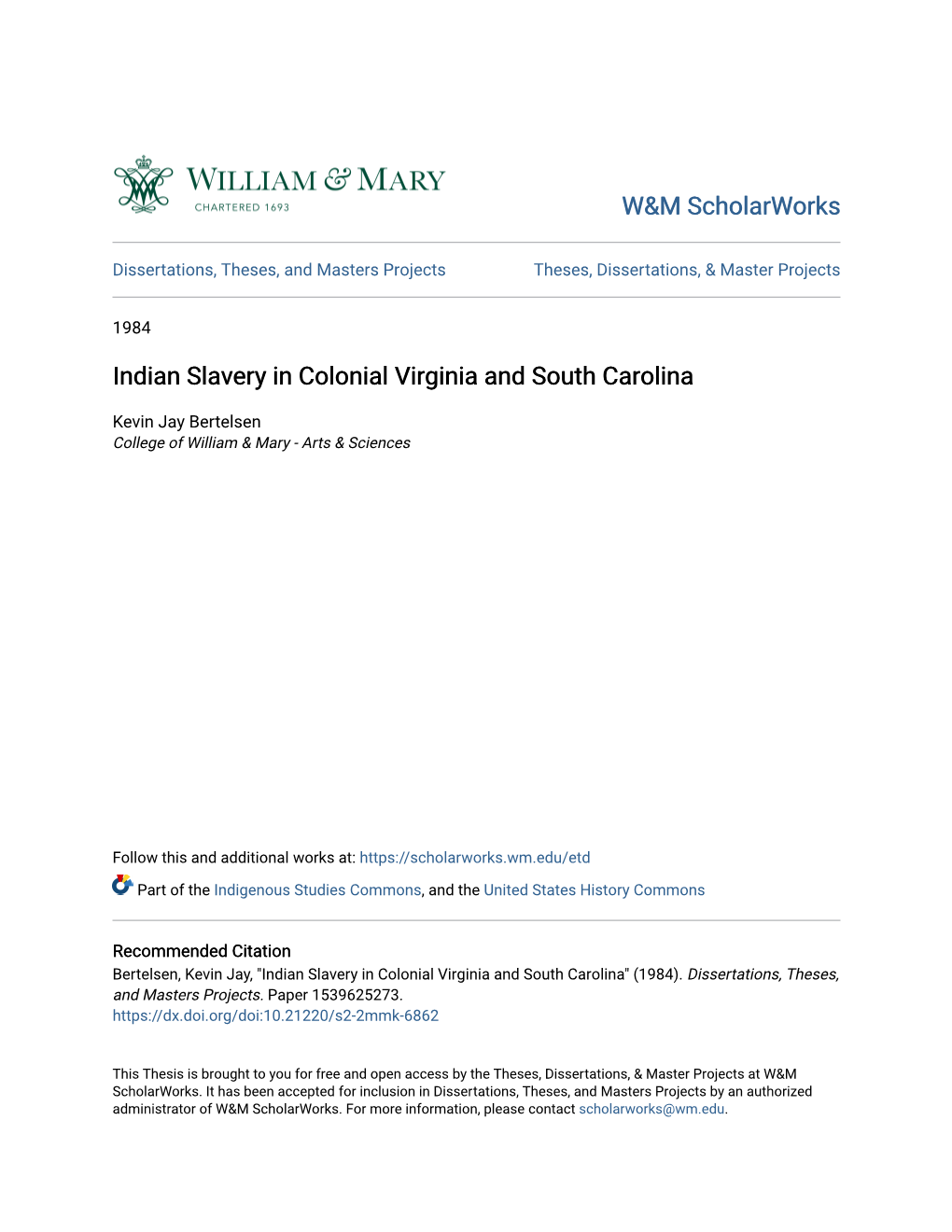 Indian Slavery in Colonial Virginia and South Carolina