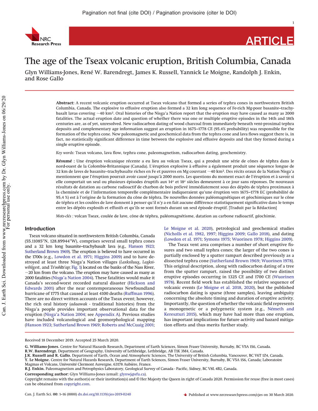 The Age of the Tseax Volcanic Eruption, British Columbia, Canada Glyn Williams-Jones, René W