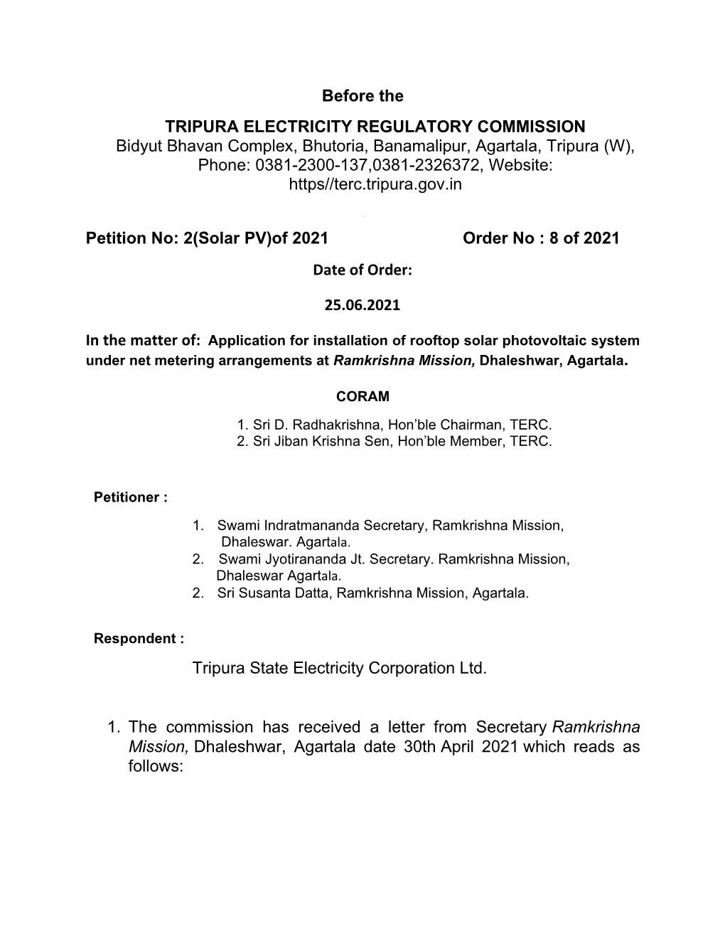 Order No : 8 of 2021 Against Application for Solar Photovoltaic