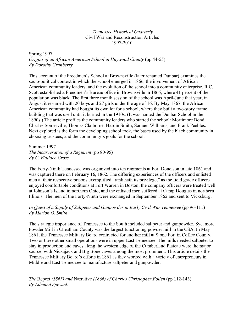 Tennessee Historical Quarterly Civil War and Reconstruction Articles 1997-2010