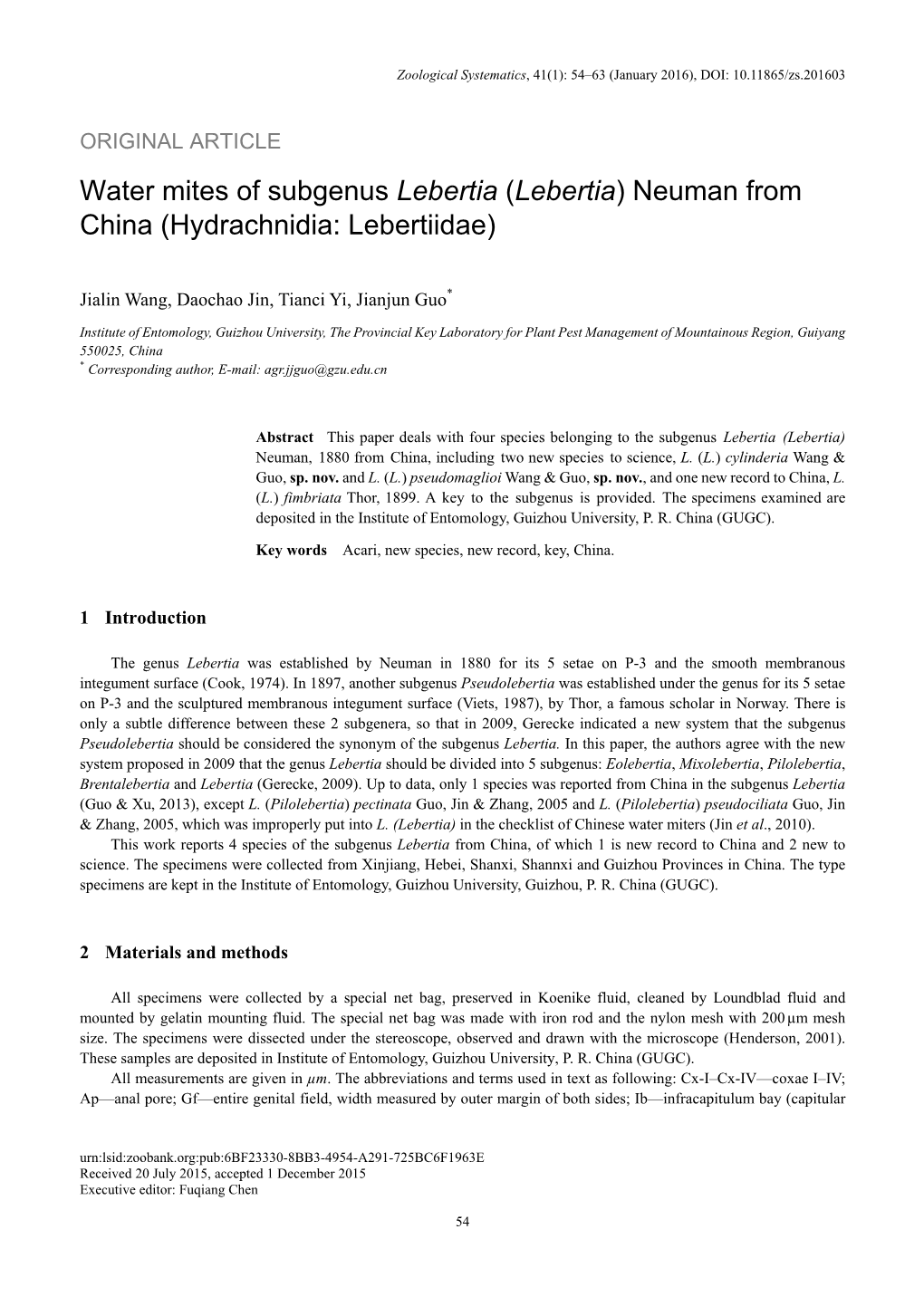 Lebertia) Neuman from China (Hydrachnidia: Lebertiidae
