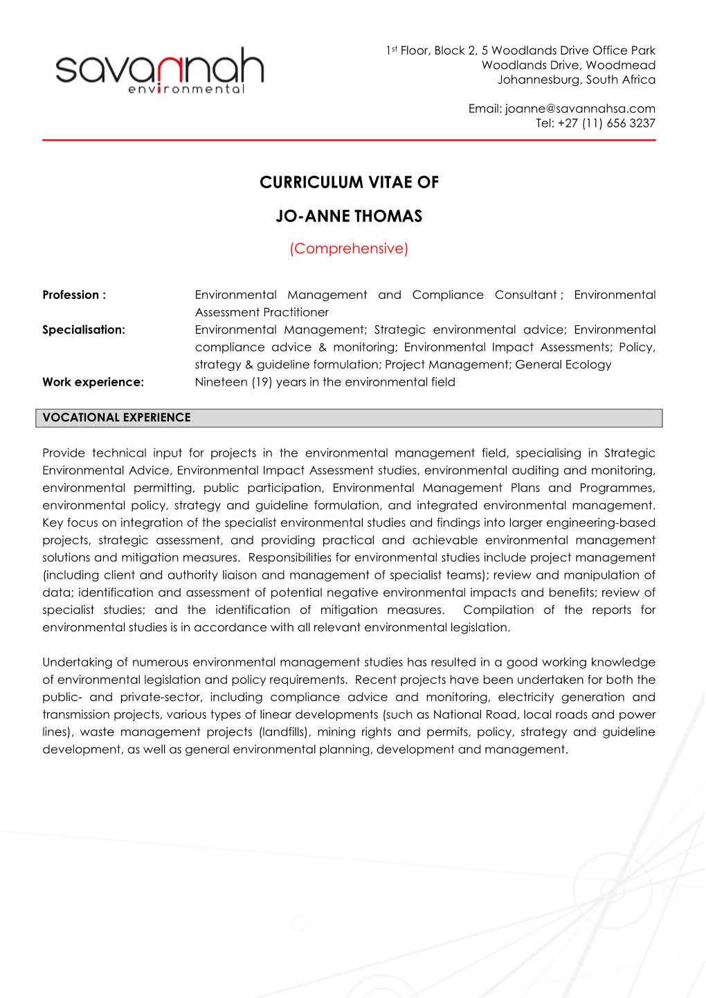 Curriculum Vitae of Jo-Anne Thomas