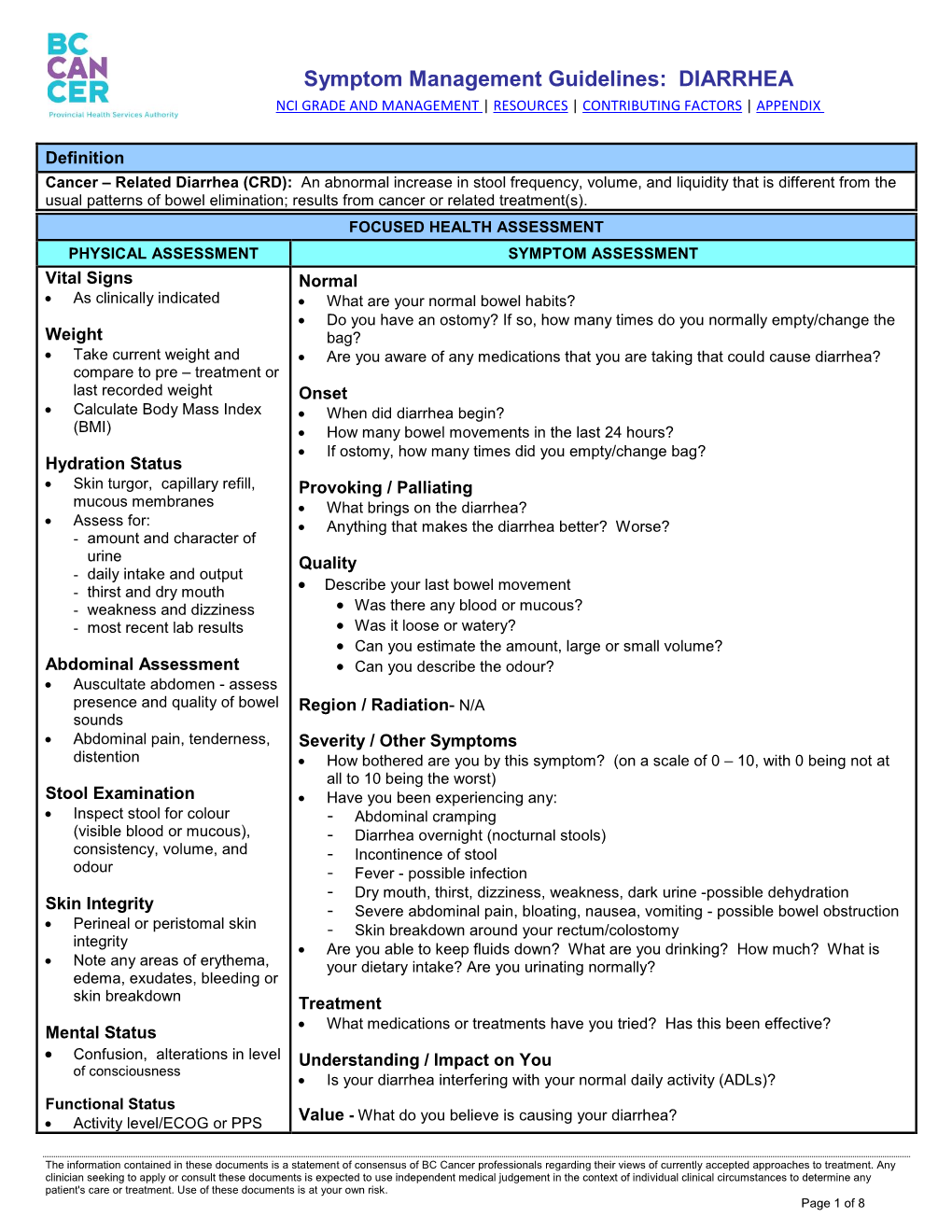 Diarrhea Nci Grade and Management | Resources | Contributing Factors | Appendix