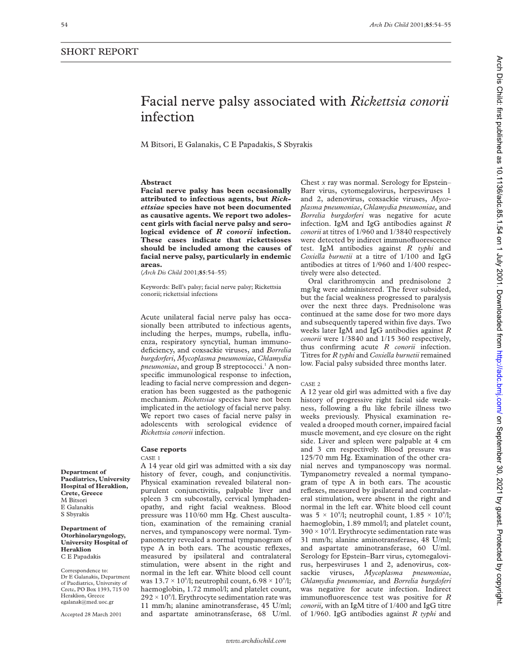 Facial Nerve Palsy Associated with Rickettsia Conorii Infection