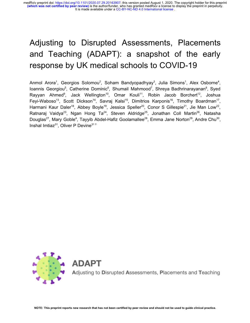 (ADAPT): a Snapshot of the Early Response by UK Medical Schools to COVID-19