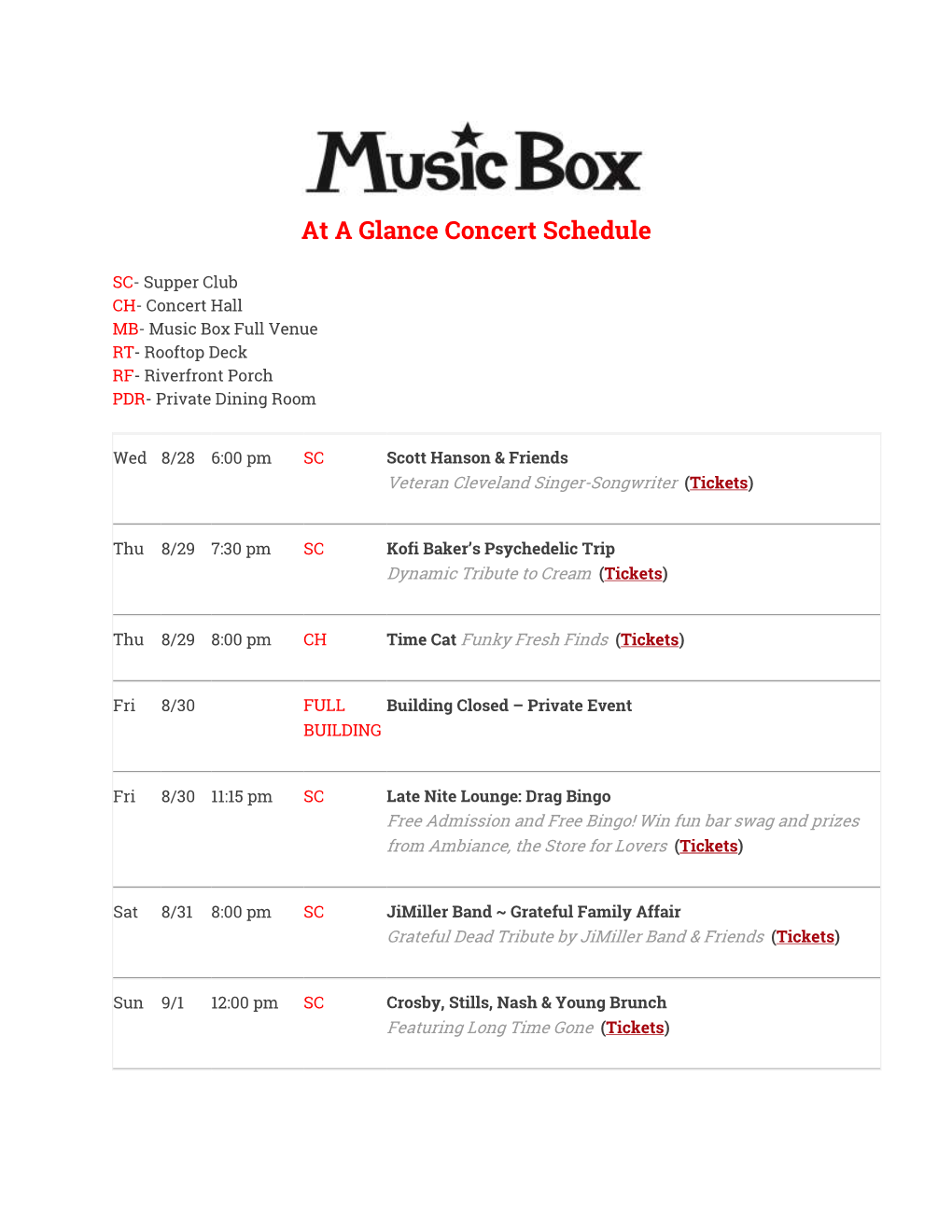 At a Glance Concert Schedule