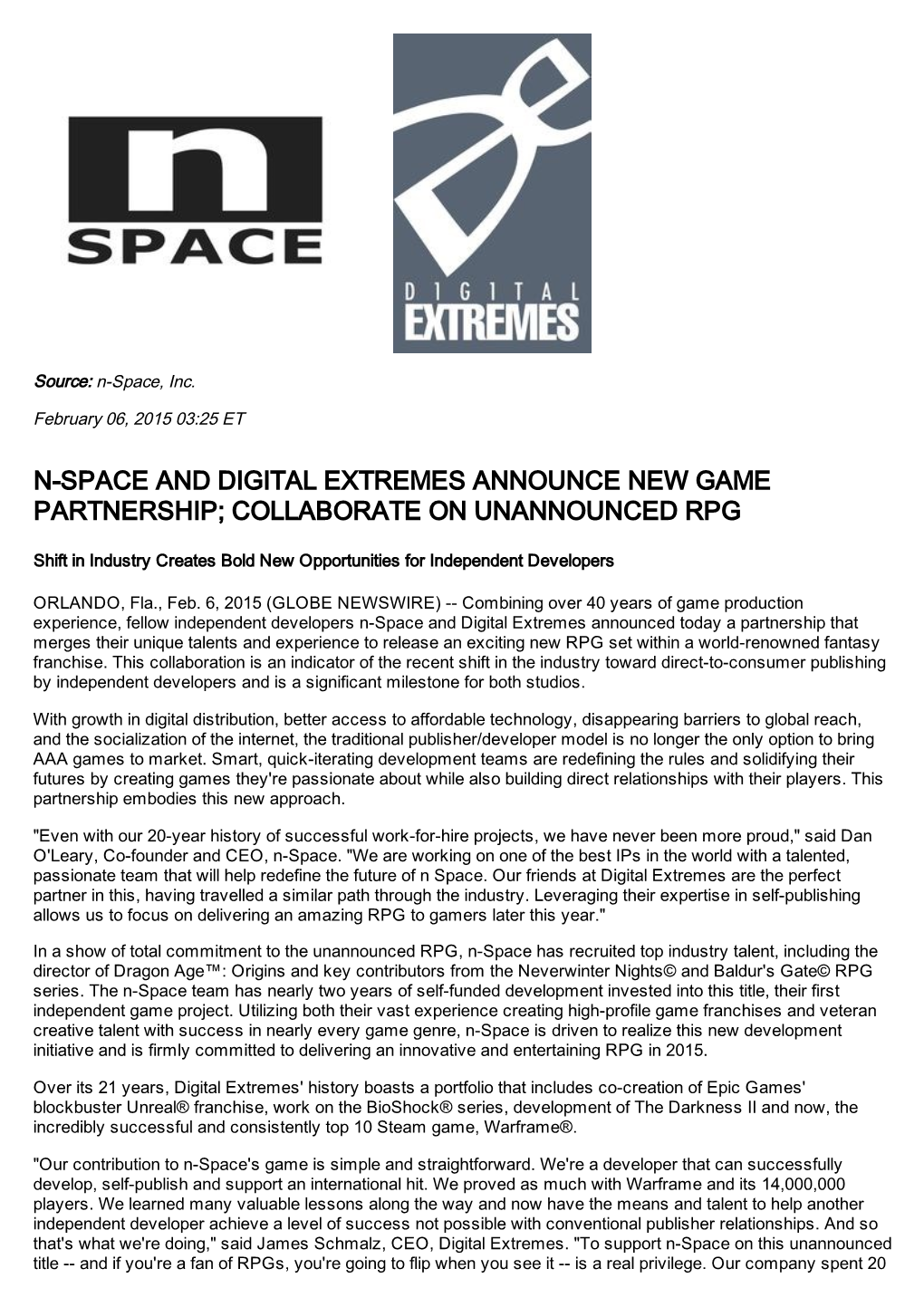 N-Space and Digital Extremes Announce New Game Partnership; Collaborate on Unannounced Rpg