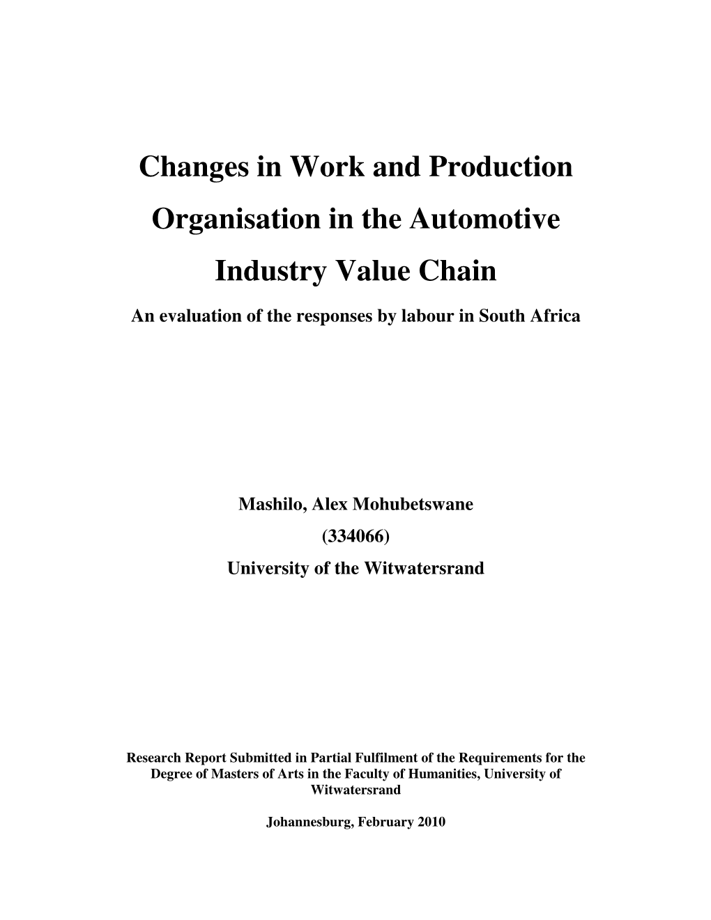 Changes in Work and Production Organisation in the Automotive Industry Value Chain