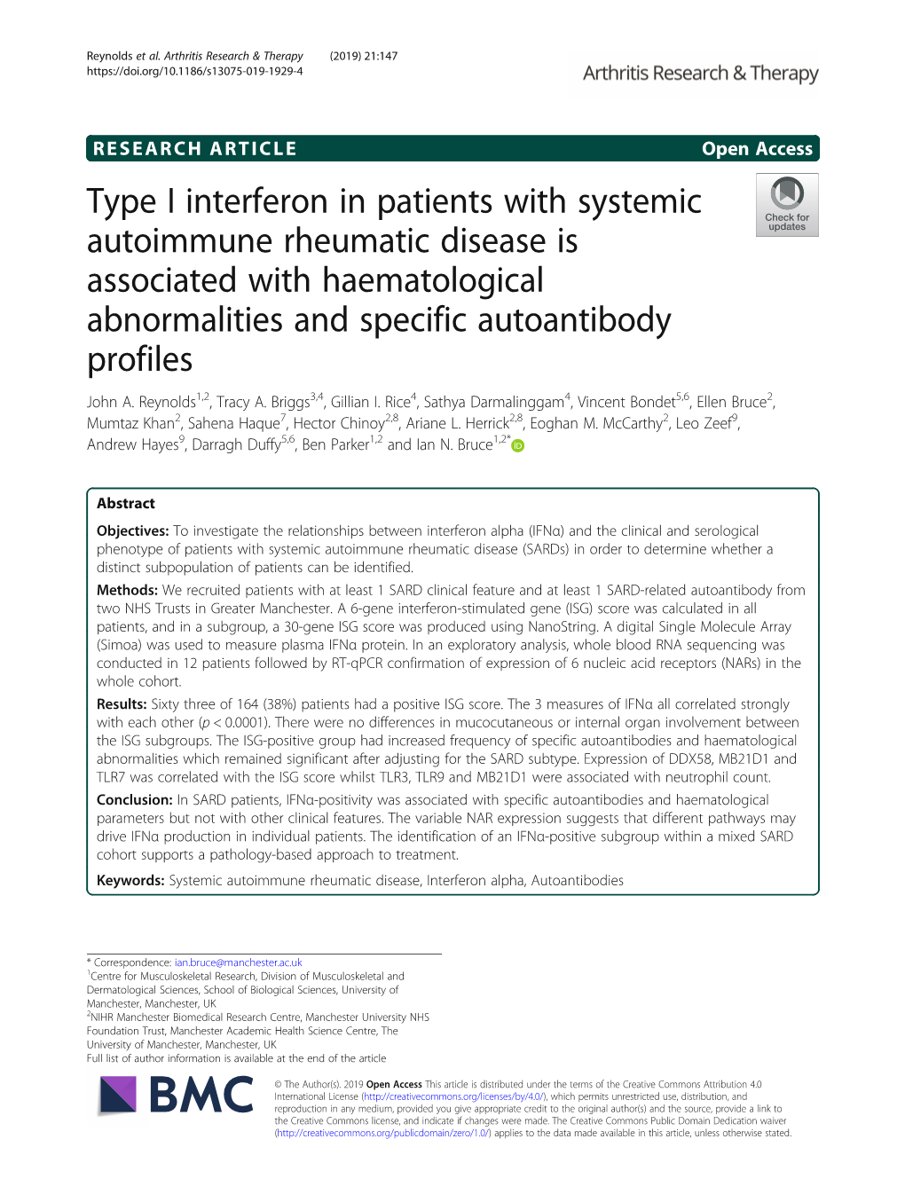 Type I Interferon in Patients with Systemic Autoimmune Rheumatic Disease Is Associated with Haematological Abnormalities and Specific Autoantibody Profiles John A