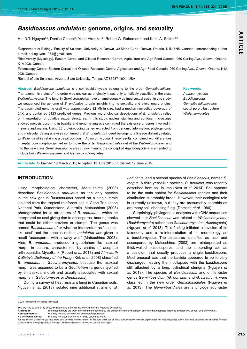 AR TICLE Basidioascus Undulatus: Genome, Origins, and Sexuality