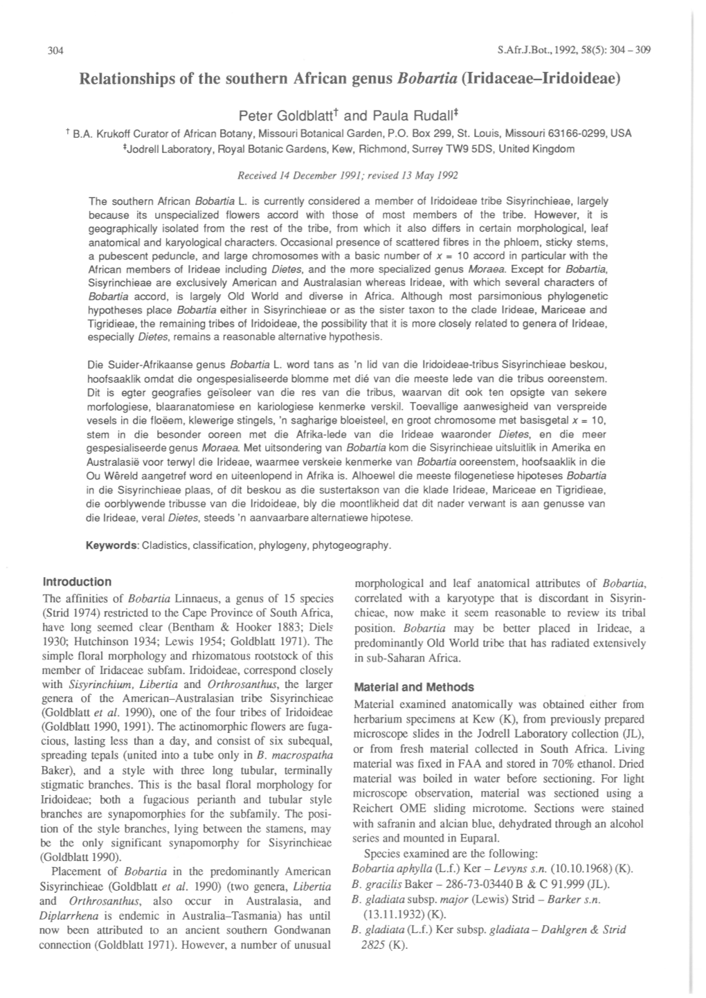 Relationships of the Southern African Genus Bobartia (Iridaceae–Iridoideae)