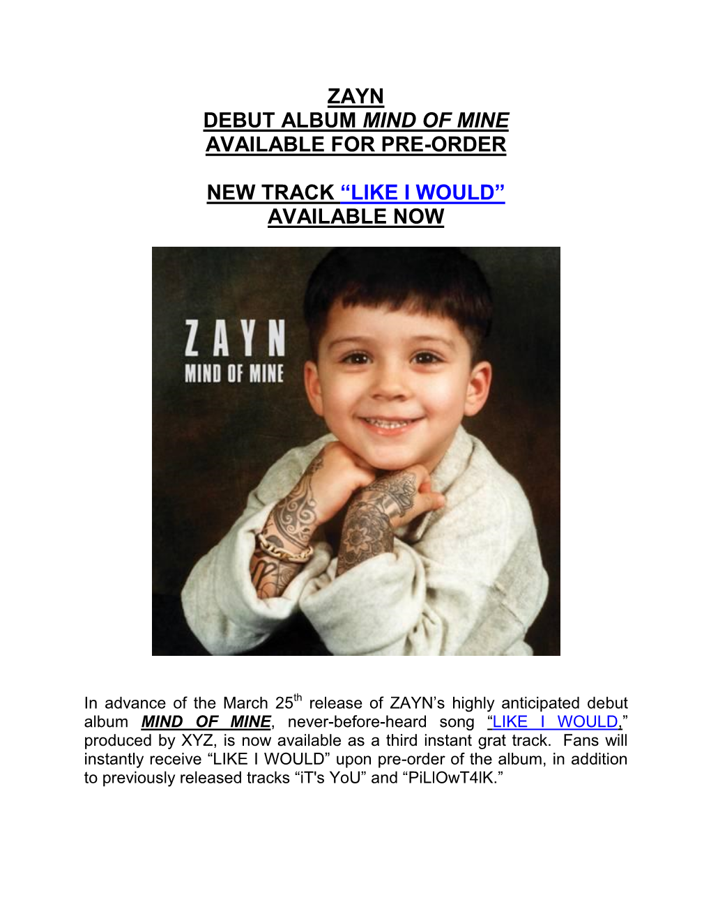 Zayn Debut Album Mind of Mine Available for Pre-Order