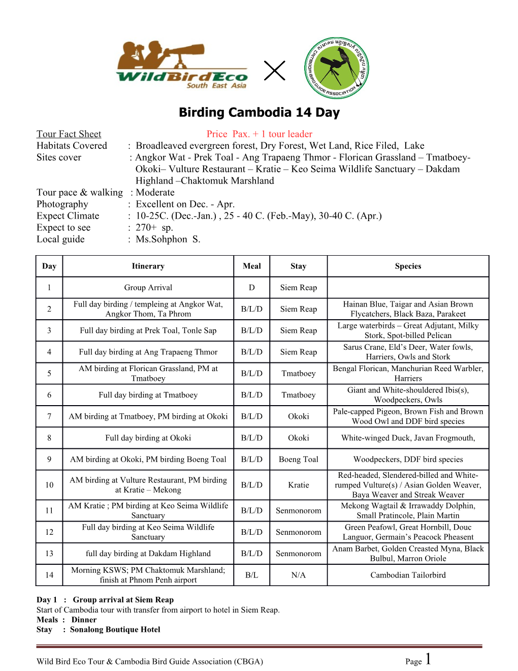 Birding Cambodia 14 Day Tour Fact Sheet Price Pax