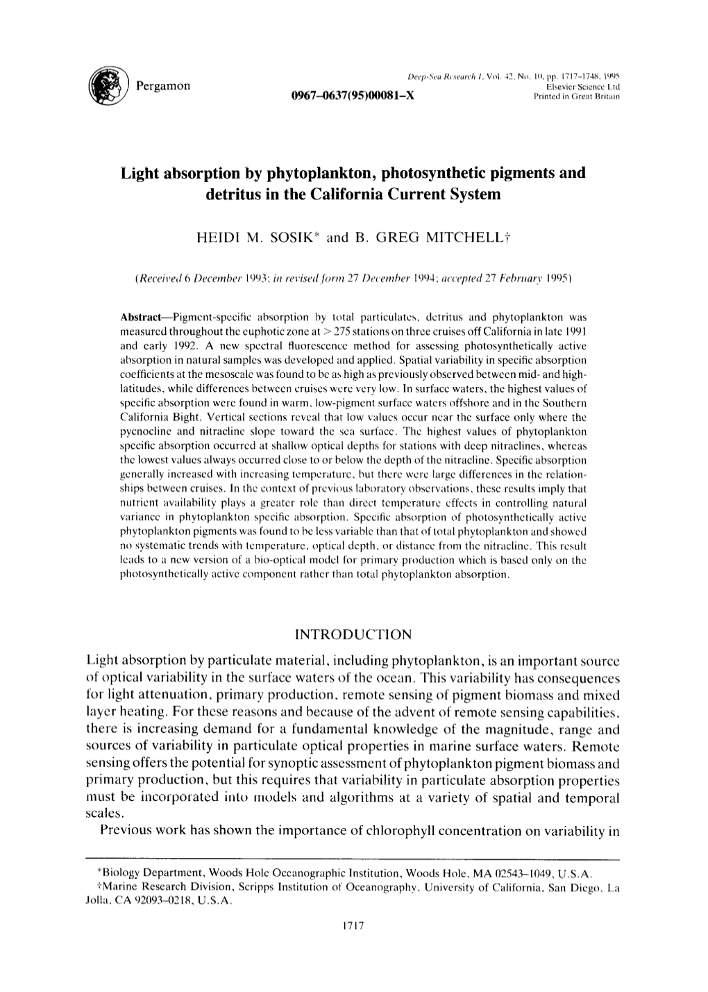 Light Absorption by Phytoplankton, Photosynthetic Pigments and Detritus in the California Current System