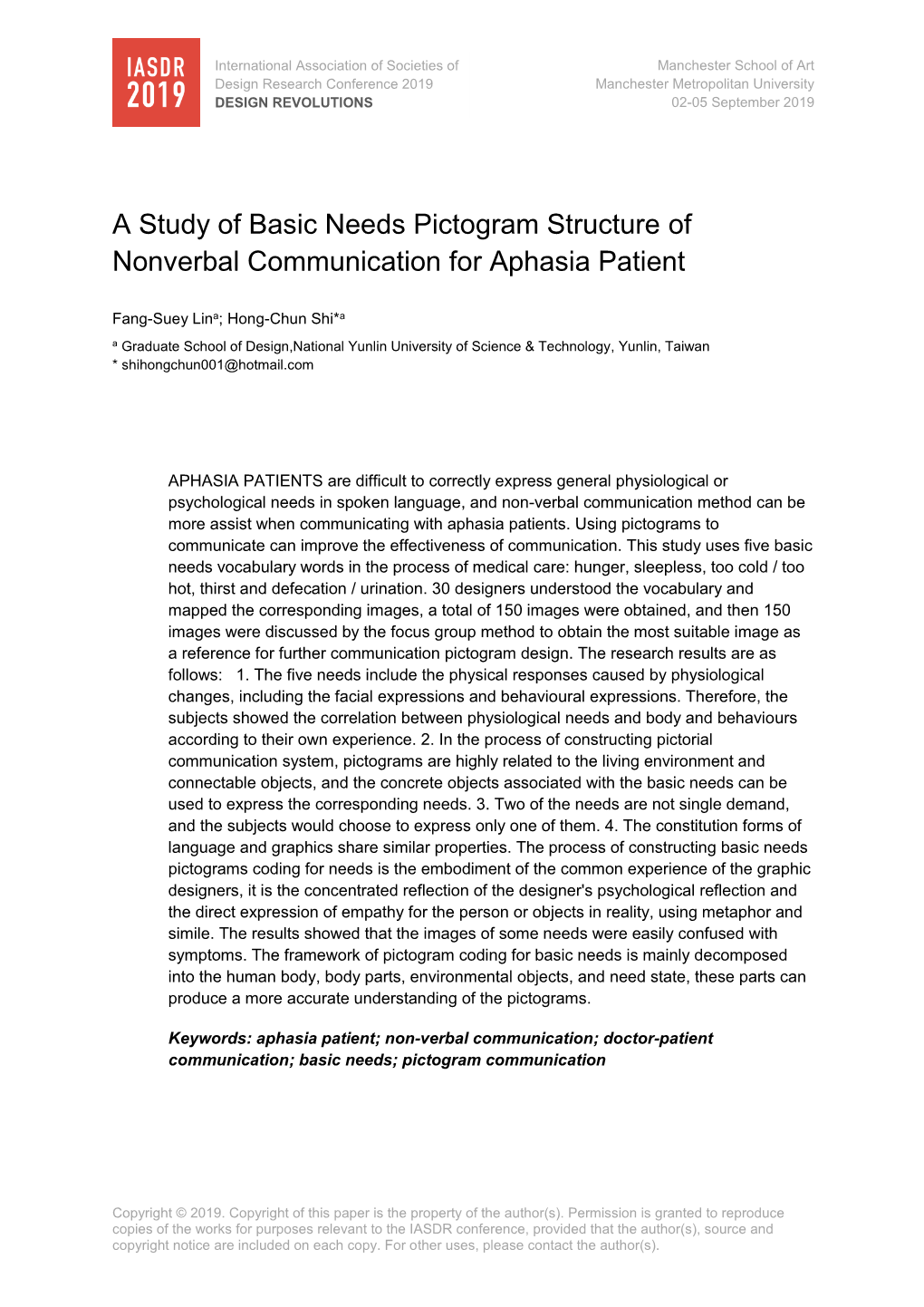 A Study of Basic Needs Pictogram Structure of Nonverbal Communication for Aphasia Patient