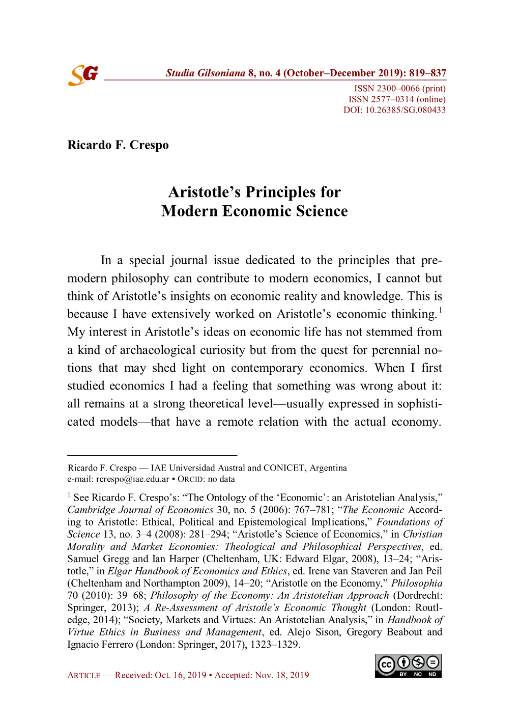 Aristotle's Principles for Modern Economic Science