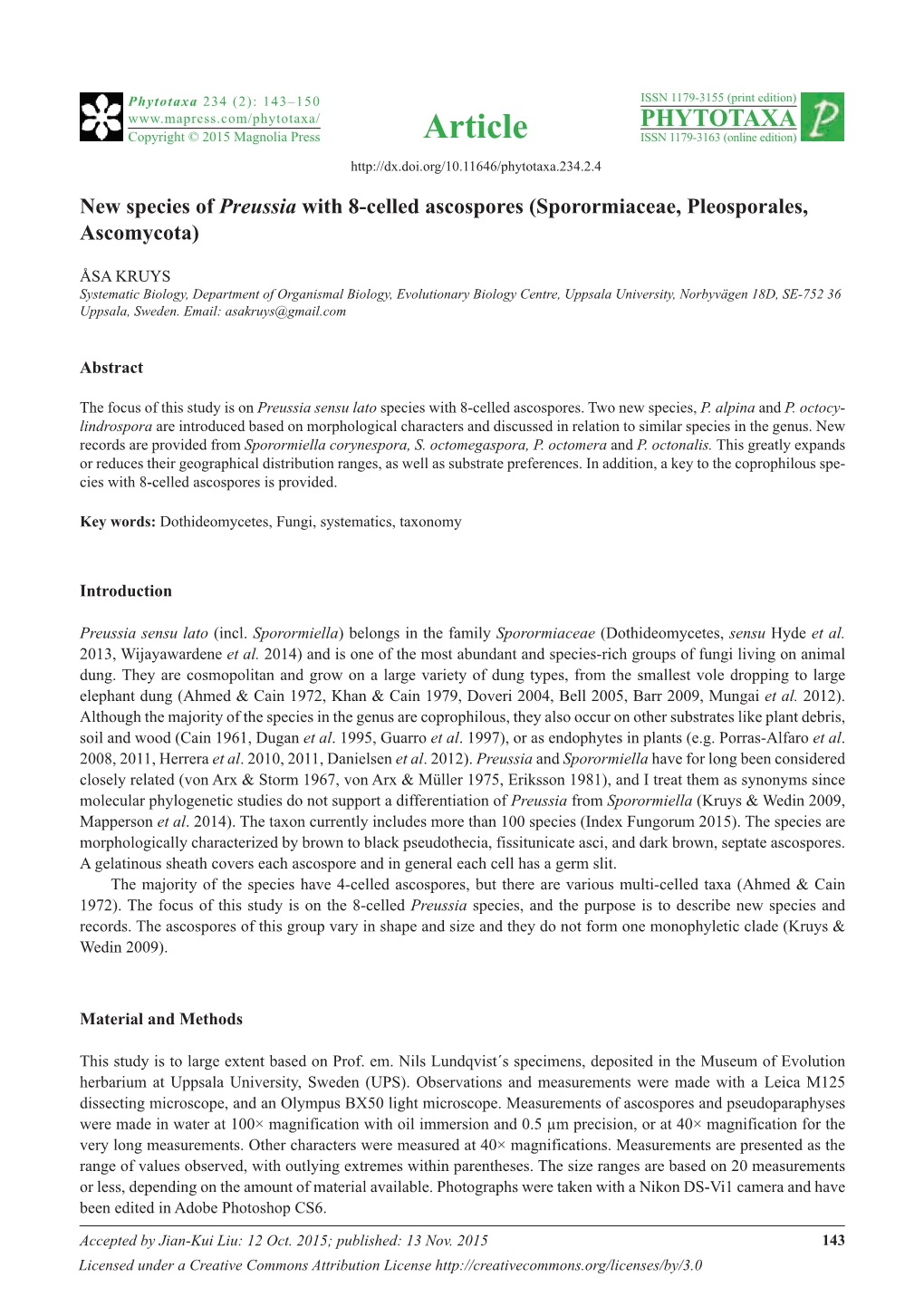 New Species of Preussia with 8-Celled Ascospores (Sporormiaceae, Pleosporales, Ascomycota)