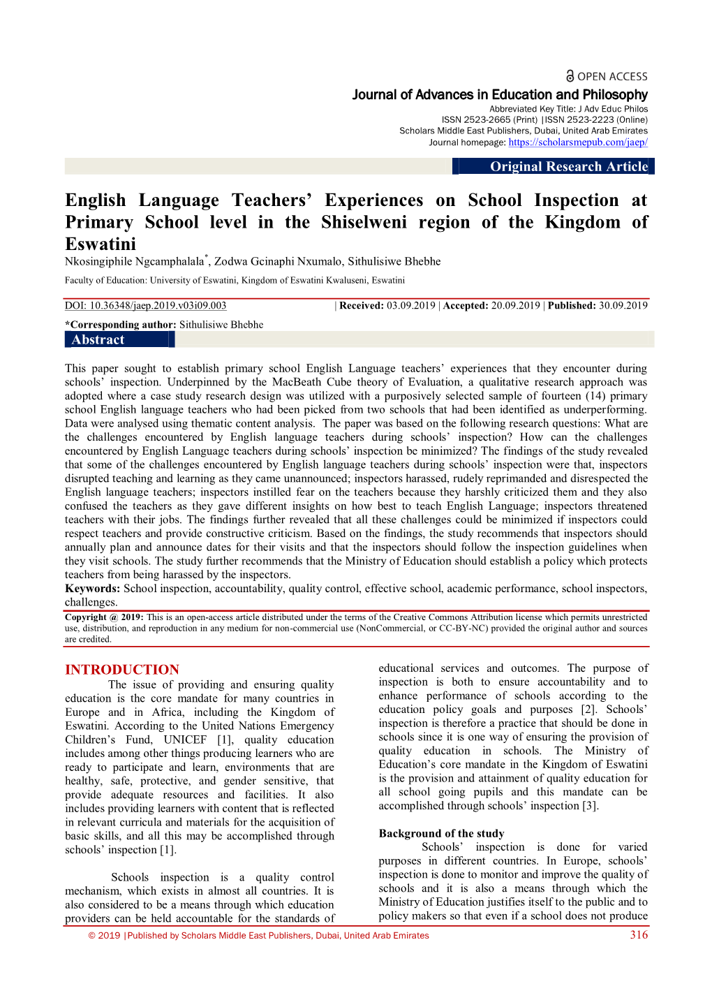 English Language Teachers' Experiences on School Inspection