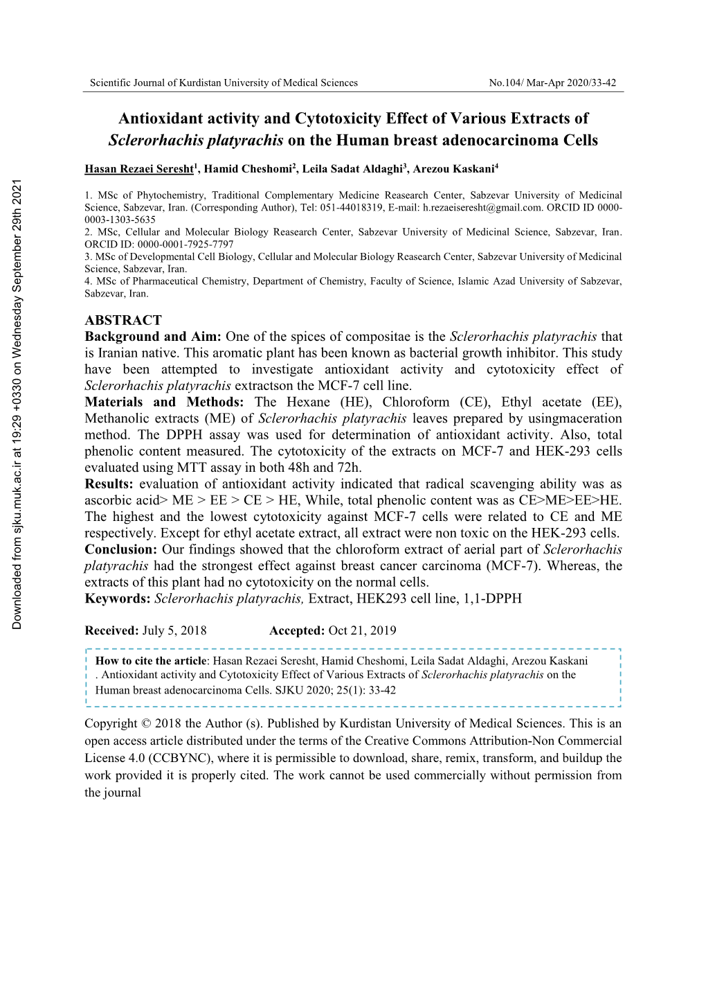 Antioxidant Activity and Cytotoxicity Effect of Various Extracts of Sclerorhachis Platyrachis on the Human Breast Adenocarcinoma Cells