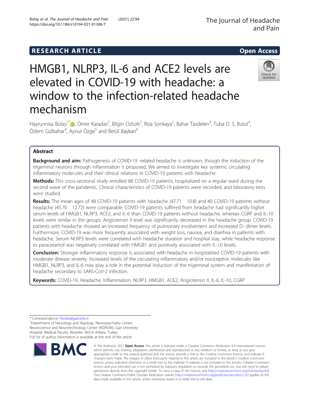 HMGB1, NLRP3, IL-6 and ACE2 Levels Are Elevated in COVID-19 with Headache