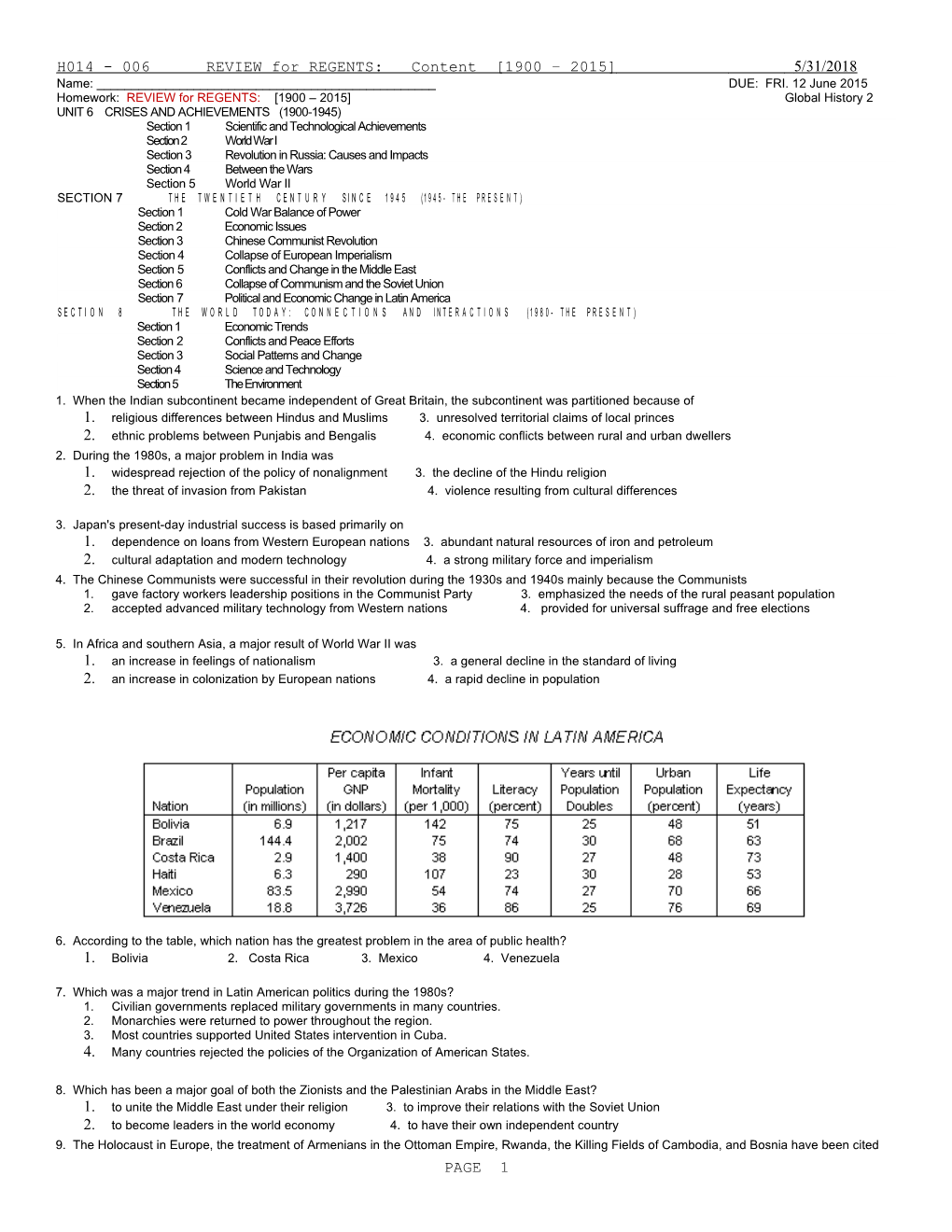 H014 - 006 REVIEW for REGENTS: Content 1900 2015 5/5/2015