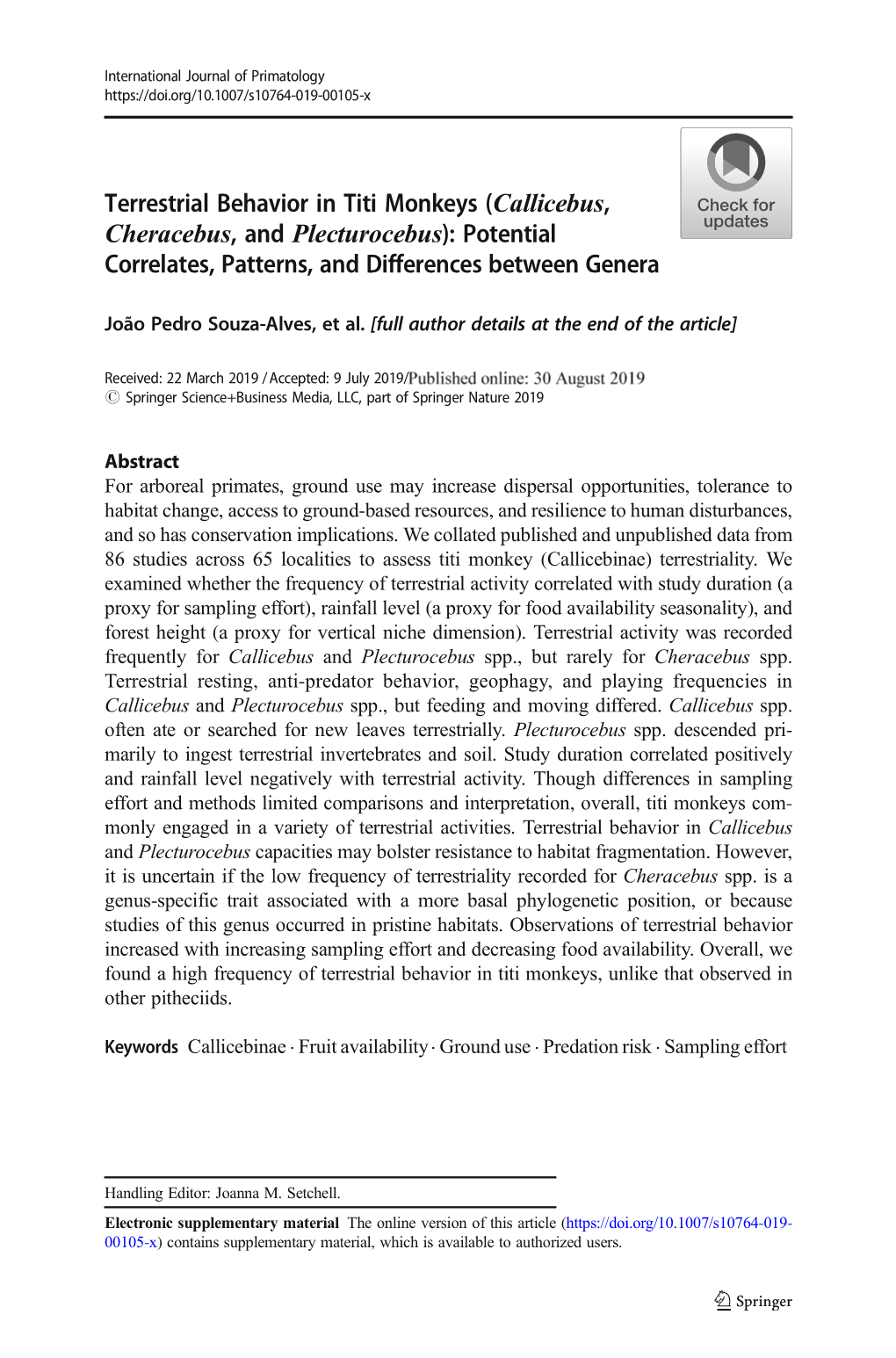 Terrestrial Behavior in Titi Monkeys (Callicebus, Cheracebus,Andplecturocebus): Potential Correlates, Patterns, and Differences Between Genera