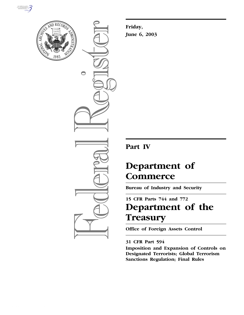 Department of Commerce Department of the Treasury
