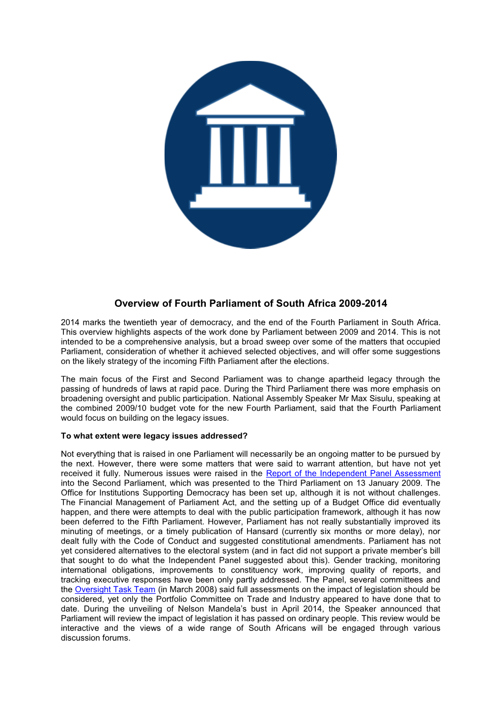 Overview of Fourth Parliament of South Africa 2009-2014