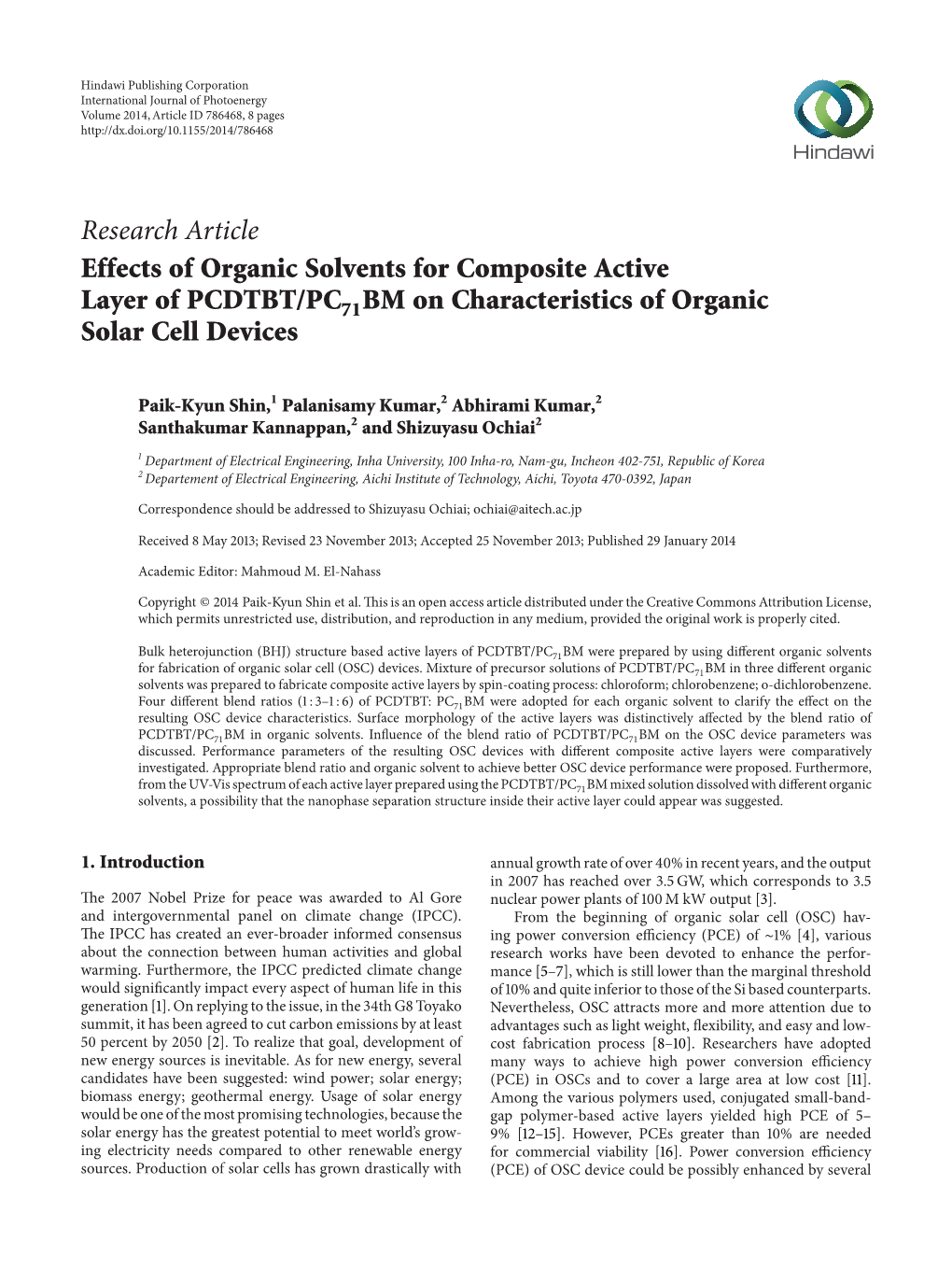 Research Article Effects of Organic Solvents for Composite Active Layer of PCDTBT/PC71BM on Characteristics of Organic Solar Cell Devices