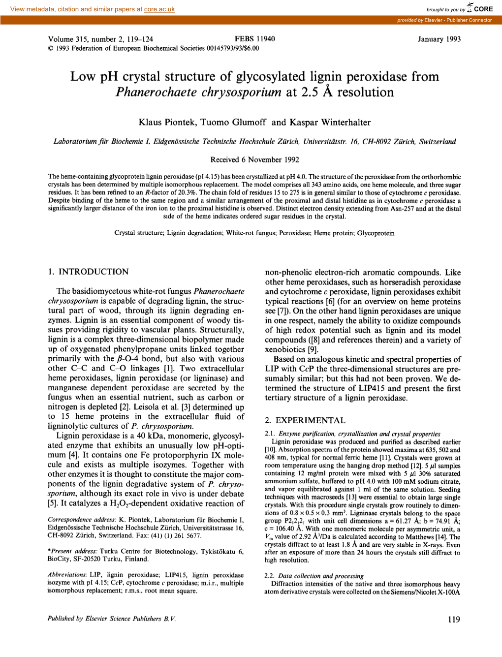 Low Ph Crystal Structure of Glycosylated Lignin Peroxidase from Phanerochaete Chrysosporium at 2.5 a Resolution