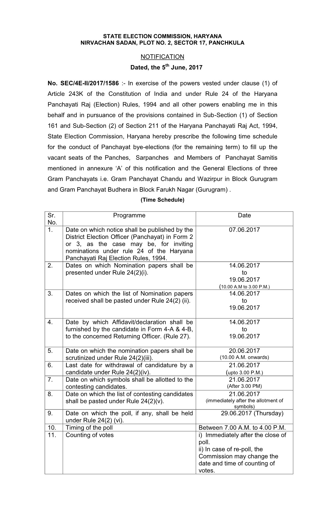 NOTIFICATION Dated, the 5 June, 2017 No. SEC/4E-II/2017/1586