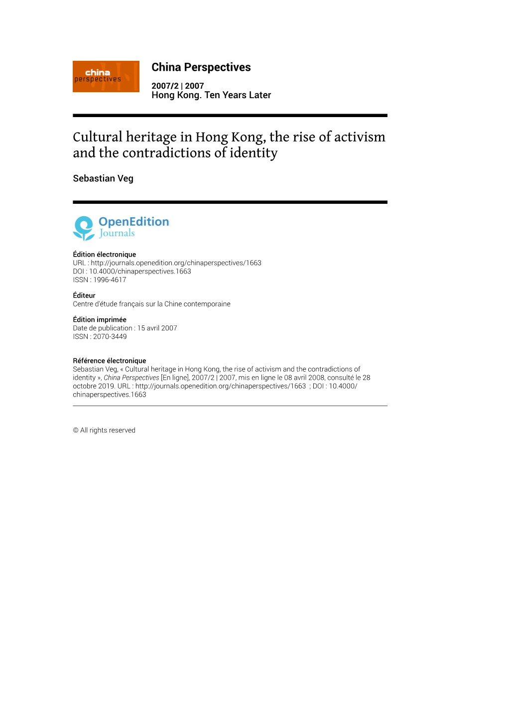 Cultural Heritage in Hong Kong, the Rise of Activism and the Contradictions of Identity