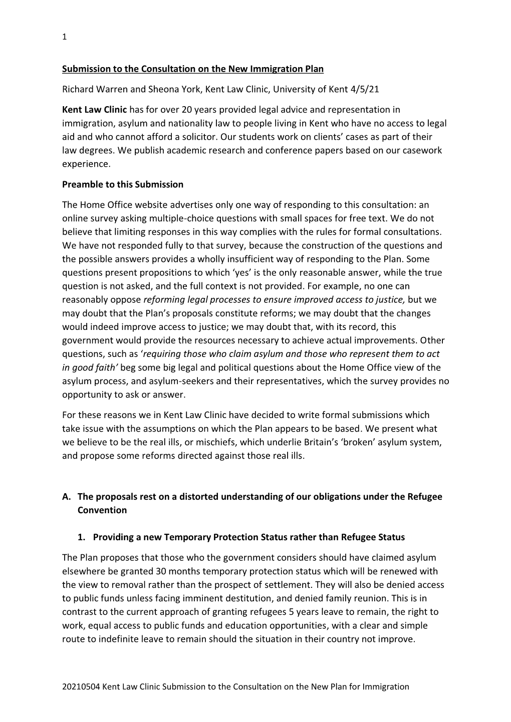 Submission to the Consultation on the New Immigration Plan Richard