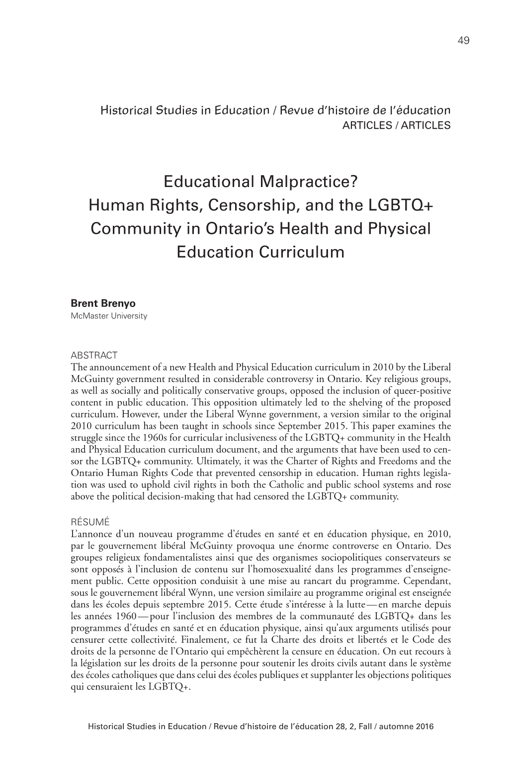 Educational Malpractice? Human Rights, Censorship, and the LGBTQ+ Community in Ontario’S Health and Physical Education Curriculum