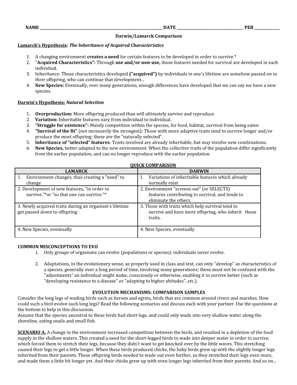 HANDOUT 5: Darwin/Lamarck Comparison