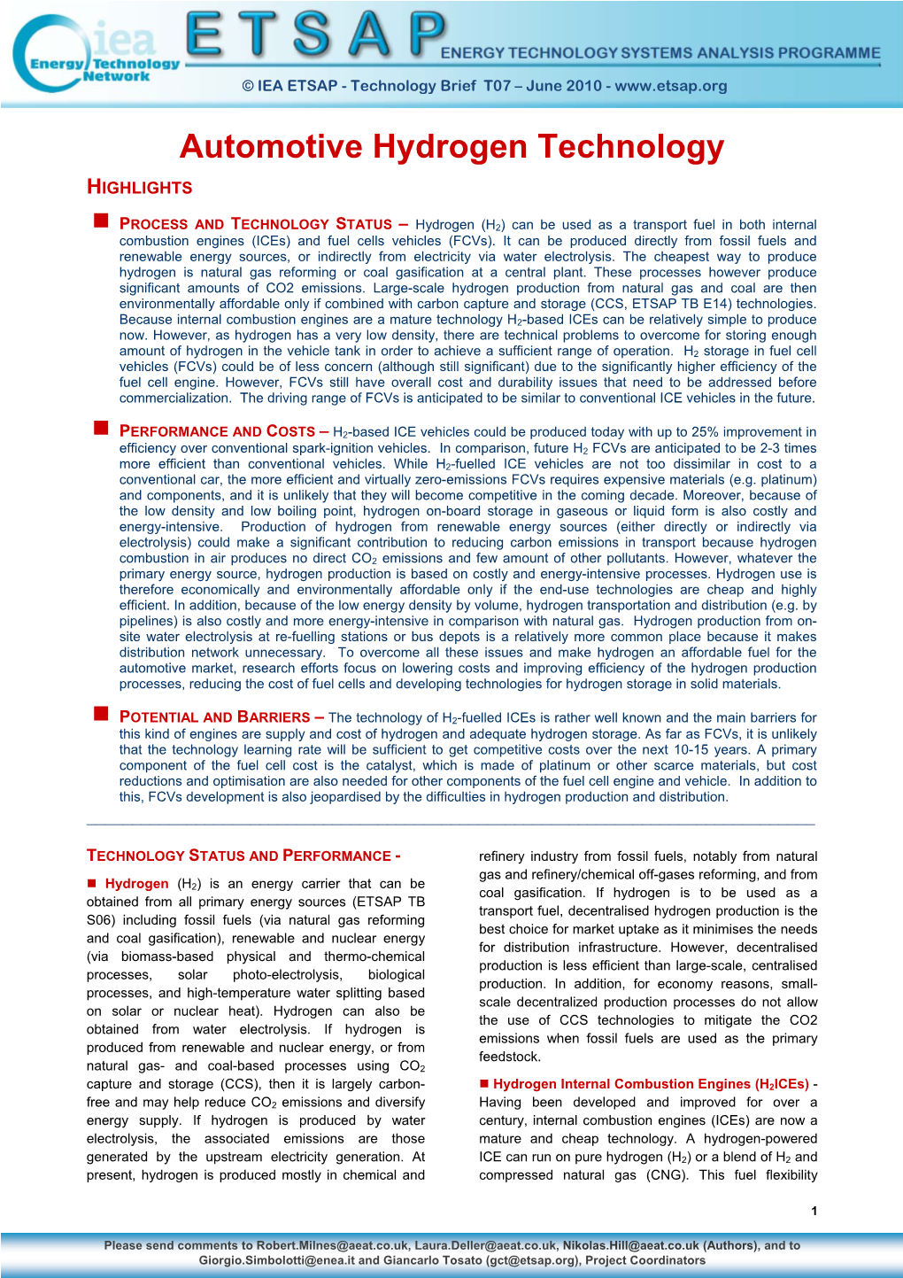 Automotive Hydrogen Technology HIGHLIGHTS