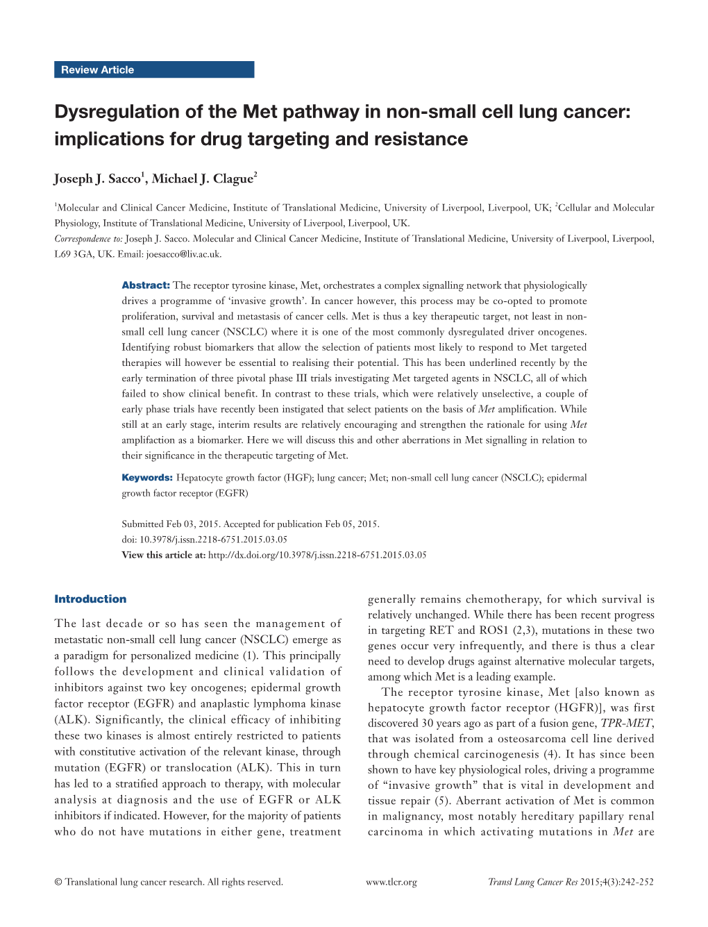 Dysregulation of the Met Pathway in Non-Small Cell Lung Cancer: Implications for Drug Targeting and Resistance