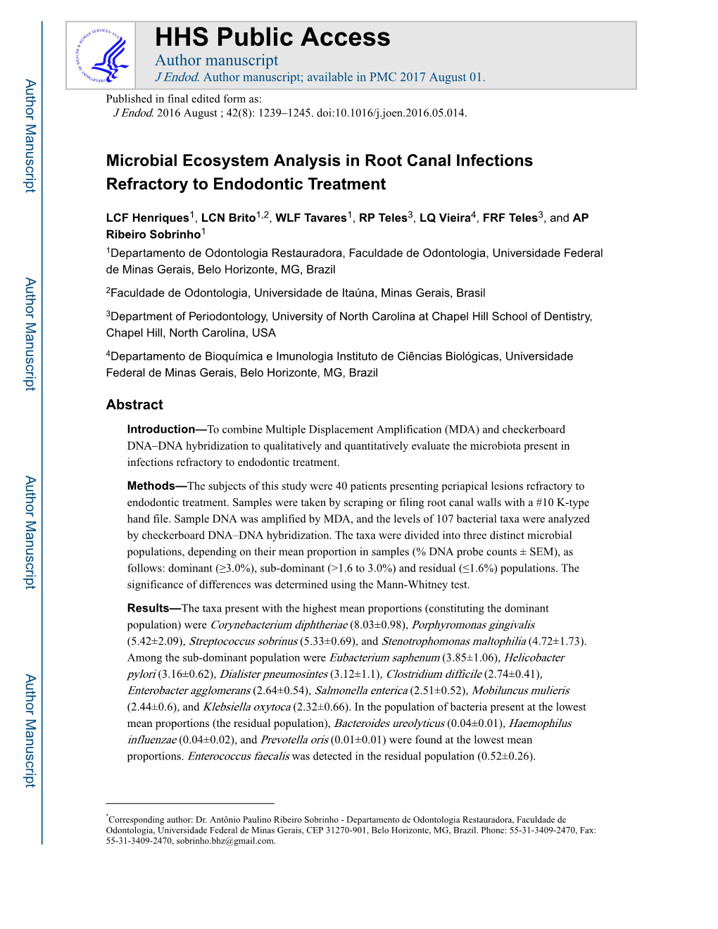 Microbial Ecosystem Analysis in Root Canal Infections Refractory to Endodontic Treatment